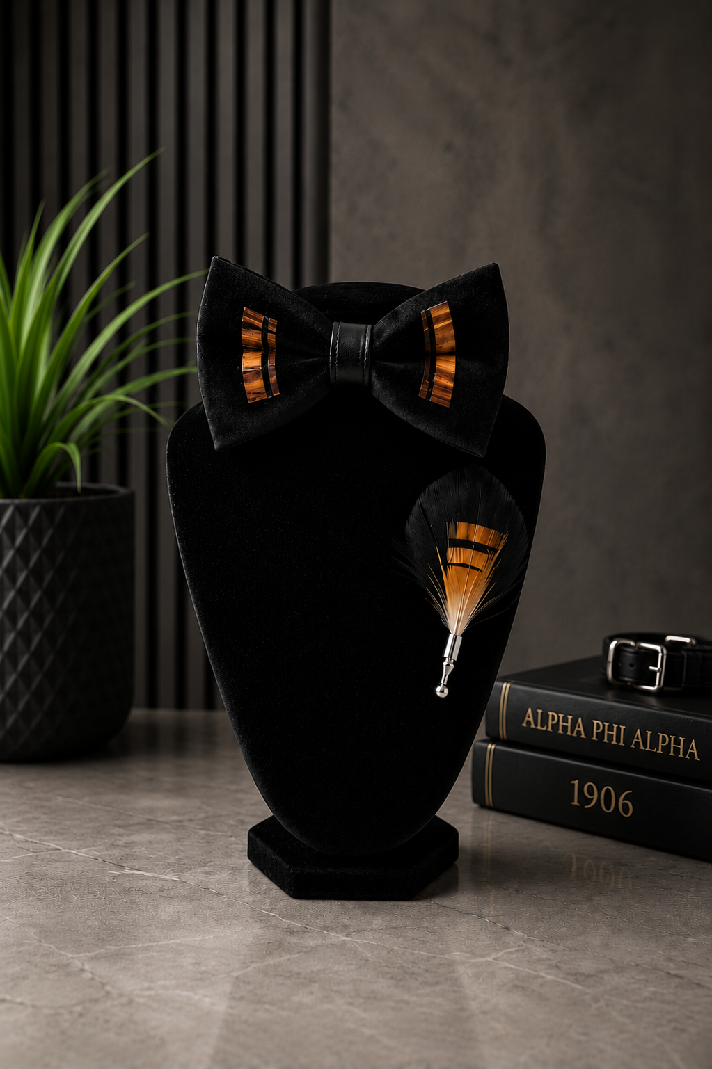 Black & Gold Feather Bow Tie. Luxury Gentleman’s Bow Tie Set