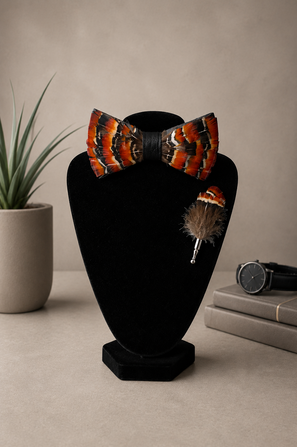 Red Feather Bow Tie. Stylish Men’s Bow Tie with Matching Lapel Pin