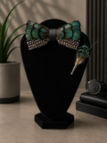 Green, White & Black Artisan Feather Bow Tie Set