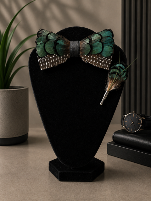 Green, White & Black Artisan Feather Bow Tie Set
