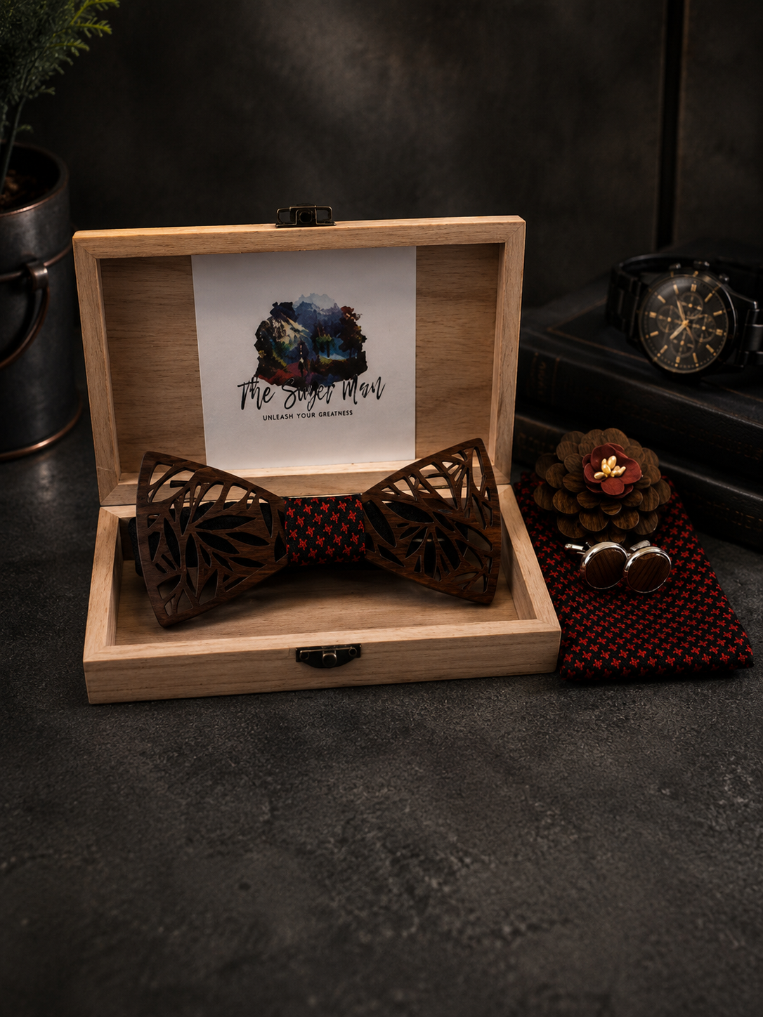 Leaf Design Wood Bow Tie Set. Elegant Handmade Bow Tie for Men